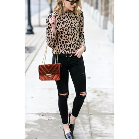 Ann Taylor Womens XS Leopard Print Wool Blend Mock Neck Knit Sweater Brown - Picture 10 of 13